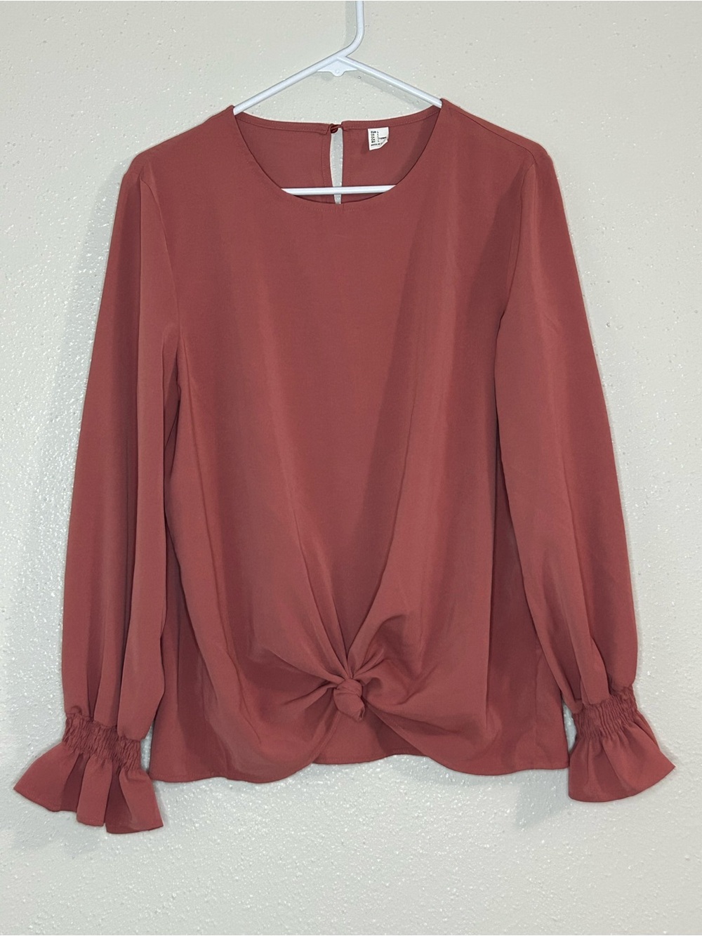 Woven Knot-Front Long-Sleeve Top - Rust